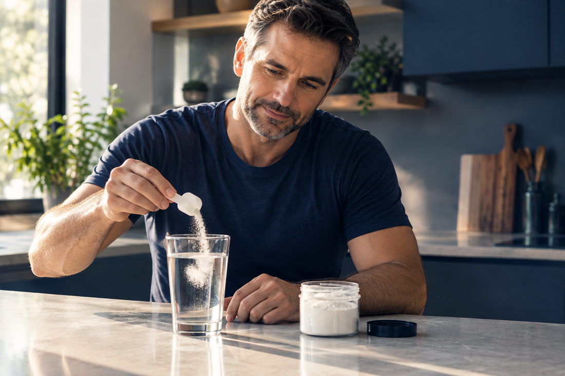 Homme dans la quarantaine à la cuisine avec un verre d'eau et de la créatine, illustrant une approche réfléchie et sans hype de la supplémentation