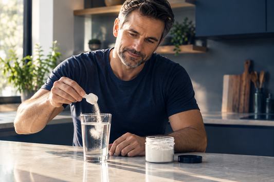 Homme dans la quarantaine à la cuisine avec un verre d'eau et de la créatine, illustrant une approche réfléchie et sans hype de la supplémentation