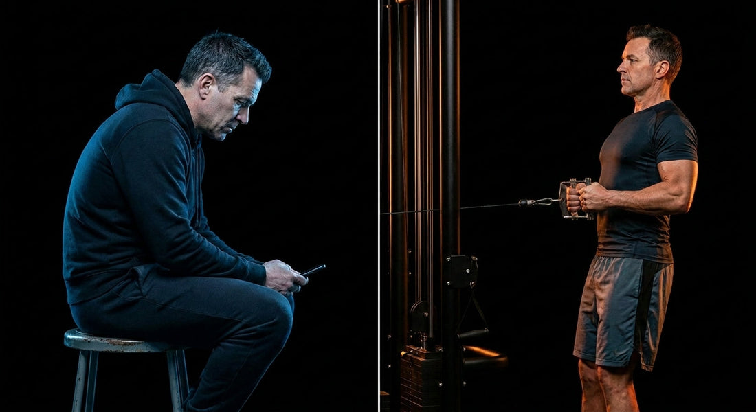 Posture de bureau vs mouvement de traction : l'homme de gauche est voûté sur son téléphone, celui de droite tire un câble avec le dos droit et les omoplates rétractées