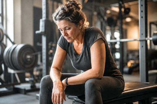 Femme dans la quarantaine assis sur un banc de gym, fatigué après l'entraînement, illustrant la sous-récupération chronique chez les professionnels actifs de 40 à 50 ans.